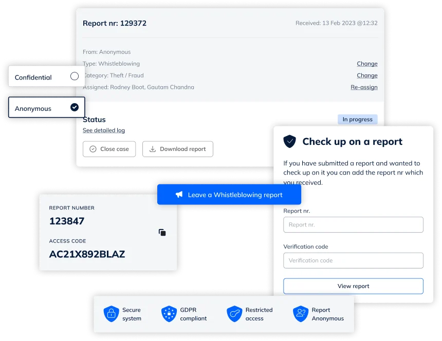 Report Securely case management dashboard showing whistleblowing reports
